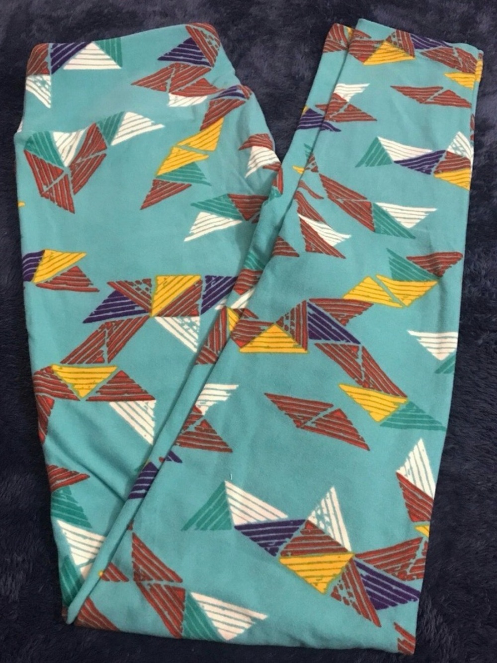 LuLaRoe One Size One-Piece in Aqua with Yellow & Purple Triangle Print - Picture 2 of 2
